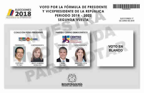 A segunda vuelta irán los candidatos Iván Duque y Gustavo Petro. Tomada de: www.registraduria.gov.co.