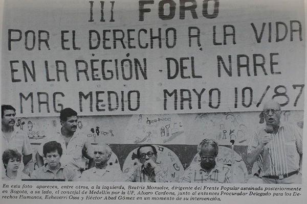 Recorte de prensa Foro derechos humanos Magdalena Medio antioqueño, año 1987. Cortesía Sebastián Hincapié Rojas.