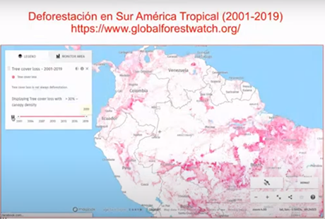 Durante la sesión de Saberes con Sabor, el profesor Poveda mostró datos preocupantes sobre las emisiones antropogénicas. En el gráfico los puntos rojos representan la deforestación en Sur América hasta 2019. Foto: reproducción.