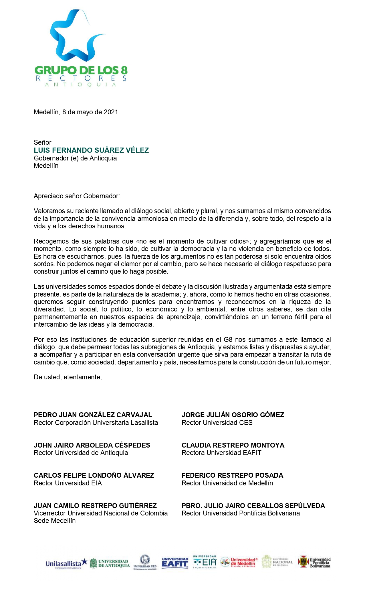 Carta del G8 Rectores al Gobernador de Antioquia