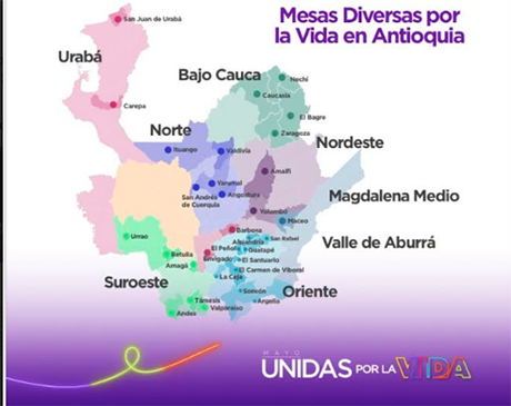 Mapa de las Mesas Diversas por la vida en Antioquia. Foto: cortesía Secretaría de Mujeres de Antioquia.