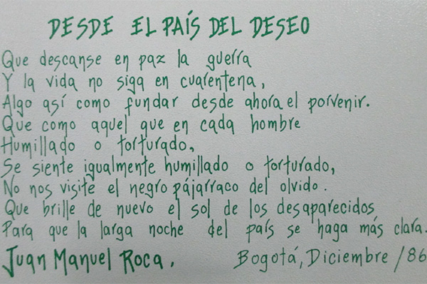 Comité Permanente por la Defensa de los Derechos Humanos. “Desde el país del deseo”, [Bogotá], diciembre de 1986. AHAG, Medellín, Fondo Héctor Abad Gómez, Comité de defensa de derechos humanos, Caja 144, f.38. Cortesía Sebastián Hincapié Rojas.