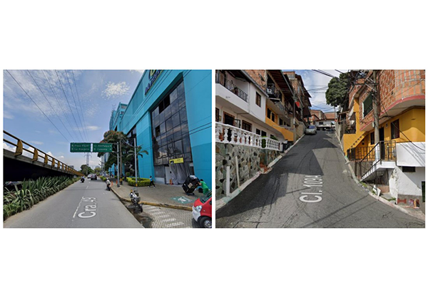 A la derecha, una de las mejores calificaciones de caminabilidad (área de influencia Poblado). A la izquierda, un punto con la caminabilidad peor valorada (área de influencia Acevedo). Imágenes de Google Maps
