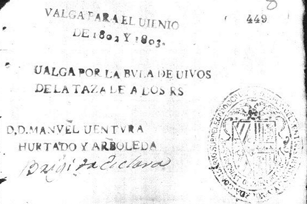 Bula de vivos presentada por don Juan de Lalinde. “Miguel Hernández, vecino de Medellín, su demanda por la liberación de dos esclavos, hijos de María Ignacia, esclava que fue de Barbara Sánchez, cuyo albacea, Juan De Lalinde, contesta la demanda”, Medellín, 1804, AGN, Negros y Esclavos, Antioquia, sc.43, leg. 4, doc. 4, ff. 449.