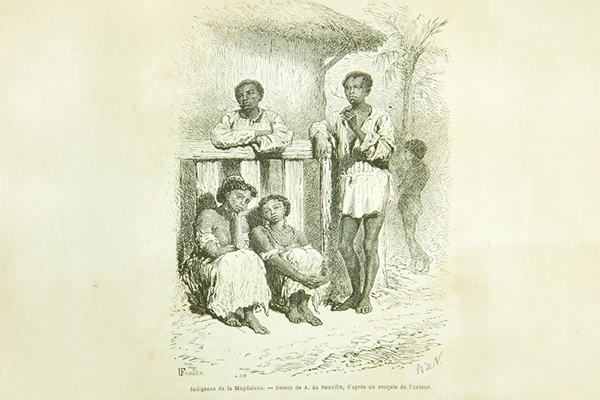 "Indígenes de la Magdalena" (Indígenas del Magdalena). Publicado en 1869 en Saffray, Charles. Voyage á la Nouvelle- Grenade.