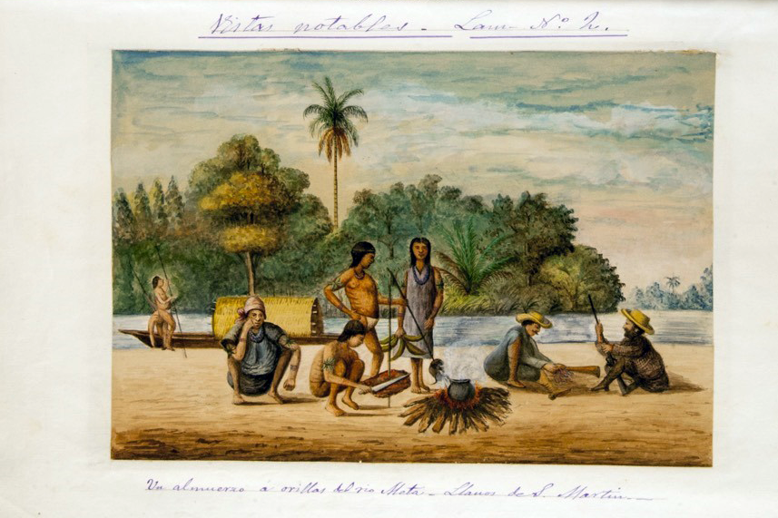 Un almuerzo a orillas del río Meta, Llanos de San Martín. José María Gutiérrez de Alba, 1875. Biblioteca Virtual del Banco de la República.