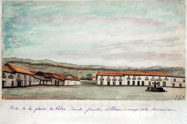 Vista de la plaza de Vélez, dando frente al peñón o escarpes de la serranía. José María Gutiérrez de Alba, 1871. Biblioteca Virtual del Banco de la República.